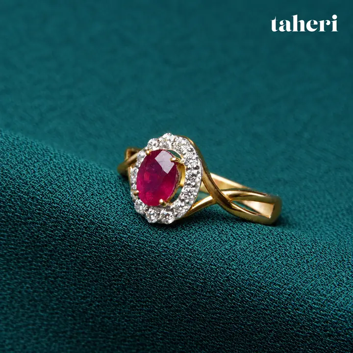 Ruby Oval Halo Crossover Ring by TAHERI, view 2