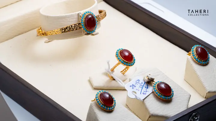 21k Yellow Gold Locket Set With Bangle with Colored Stones design 27 by TAHERI