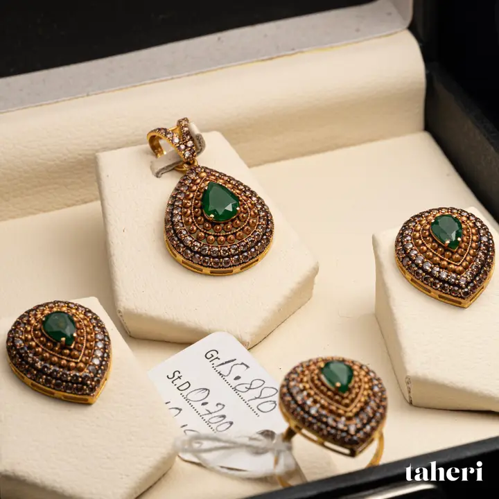 Yellow Gold Locket sets without Bangle with Emerald design 104 by TAHERI