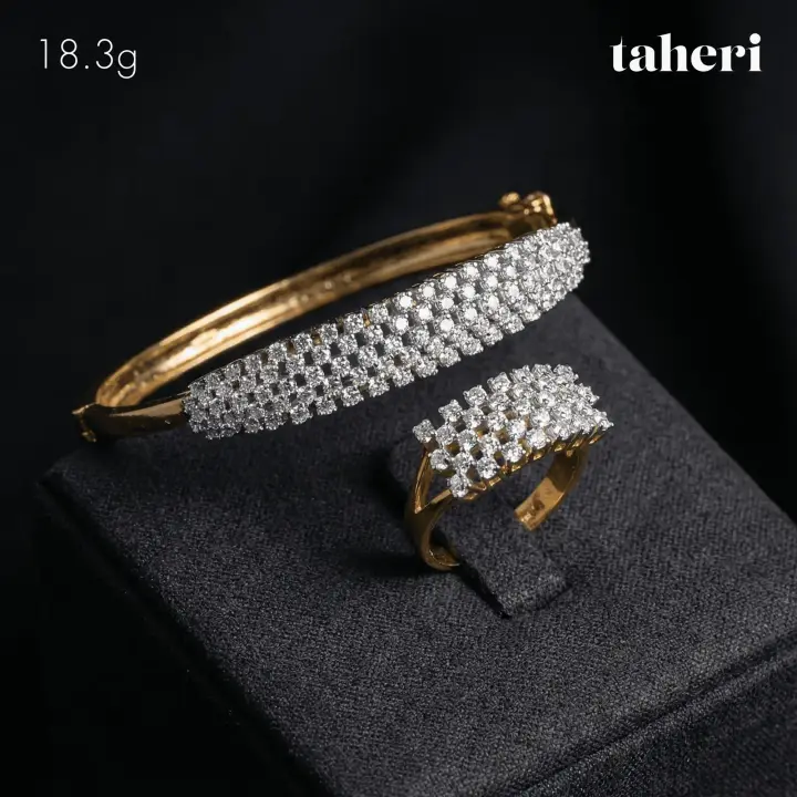 21k Two-Tone Gold Bangle & Ring with Cubic Zirconia design 45 by TAHERI