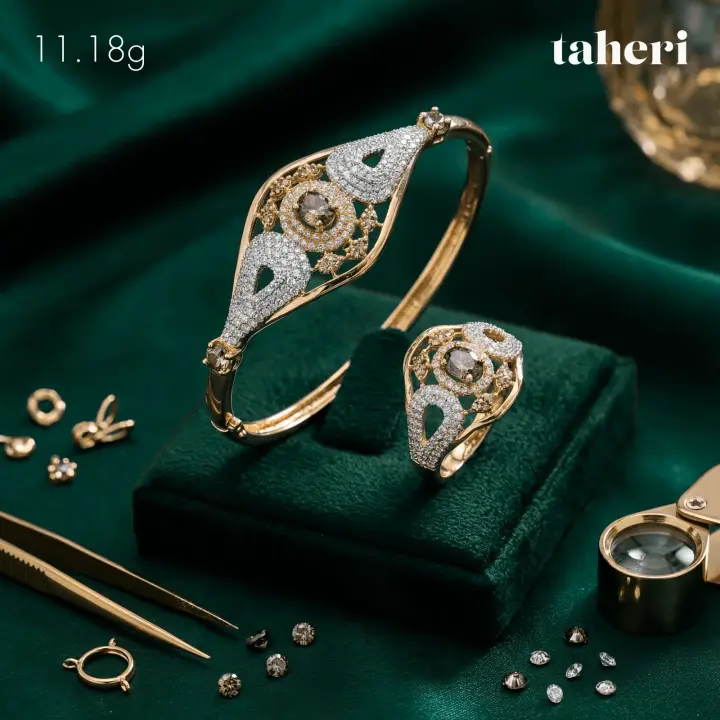 21k Two-Tone Gold Bangle & Ring with Cubic Zirconia design 46 by TAHERI