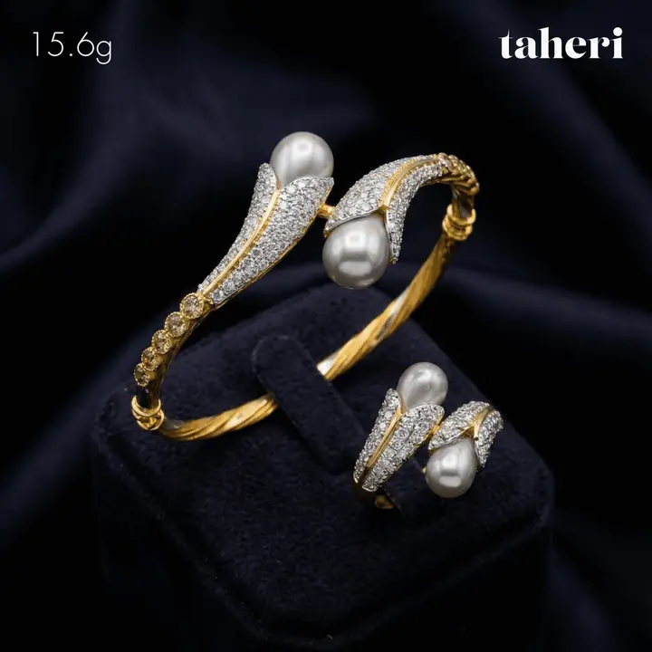 21k Two-Tone Gold Bangle & Ring with Pearl design 47 by TAHERI