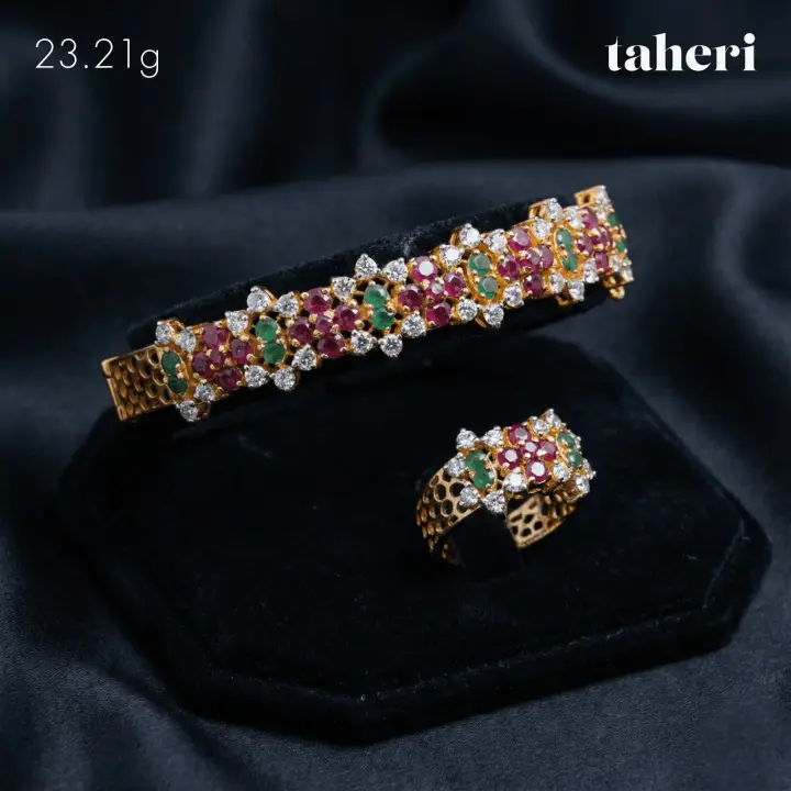 Yellow Gold Bangle & Ring with Colored Stones design 51 by TAHERI