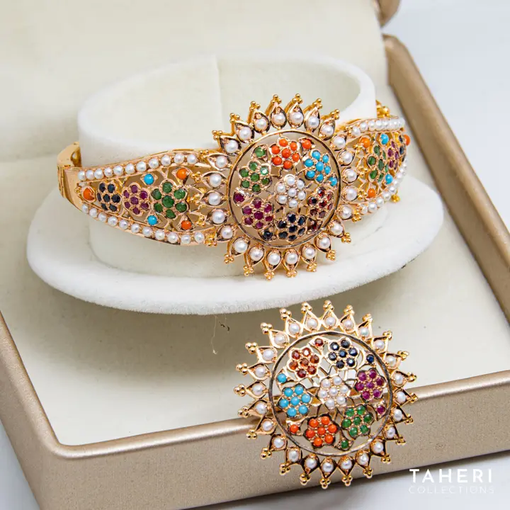 Yellow Gold Bangle & Ring with Colored Stones design 64 by TAHERI
