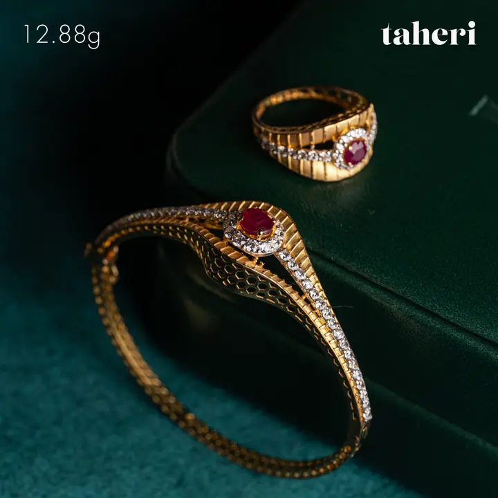 Yellow Gold Bangle & Ring with Ruby design 73 by TAHERI