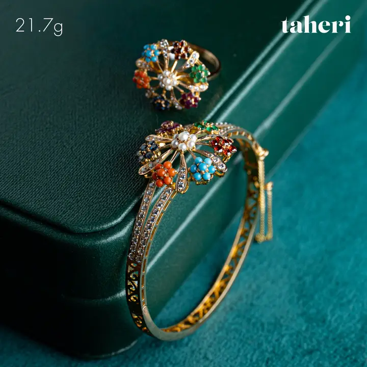 Yellow Gold Bangle & Ring with Colored Stones design 79 by TAHERI