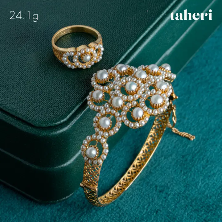 Yellow Gold Bangle & Ring with Pearl design 85 by TAHERI