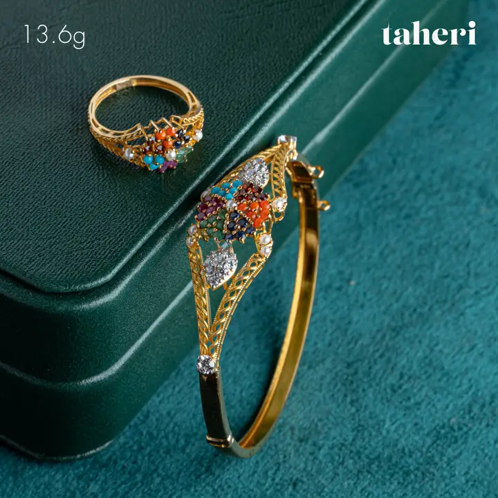 Yellow Gold Bangle & Ring with Colored Stones design 86 by TAHERI