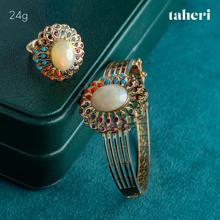 Yellow Gold Bangle & Ring with Colored Stones design 90 by TAHERI