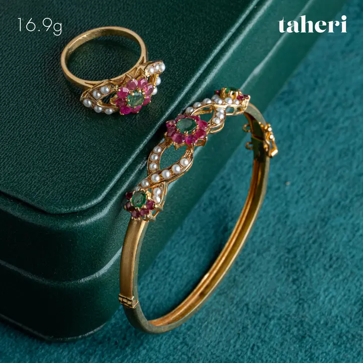 Yellow Gold Bangle & Ring with Colored Stones design 93 by TAHERI