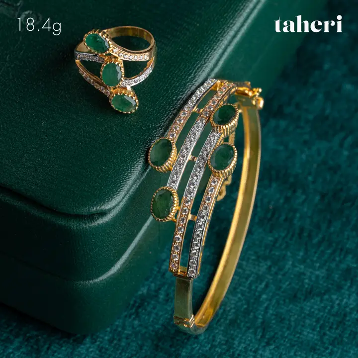 Yellow Gold Bangle & Ring with Emerald design 101 by TAHERI