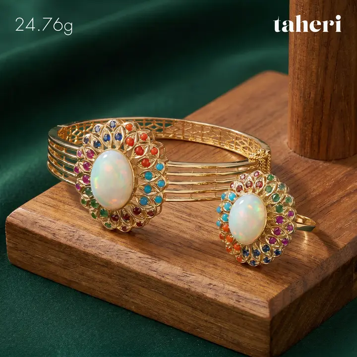 Yellow Gold Bangle & Ring with Colored Stones design 66 by TAHERI