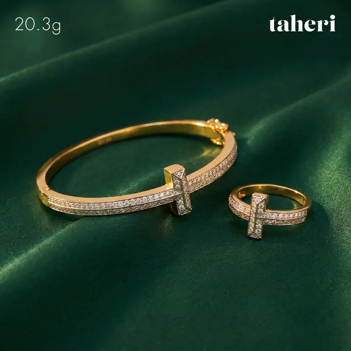 Yellow Gold Bangle & Ring with Cubic Zirconia design 68 by TAHERI