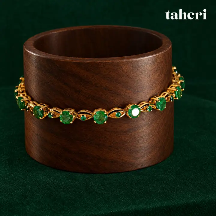 21k Yellow Gold Stone Bangle with Emerald design 22 by TAHERI