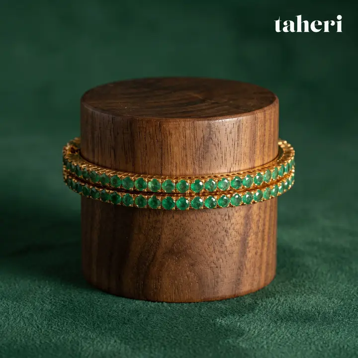 21k Yellow Gold Stone Bangle with Emerald design 25 by TAHERI