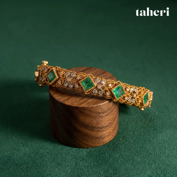 21k Yellow Gold Stone Bangle with Emerald design 31 by TAHERI