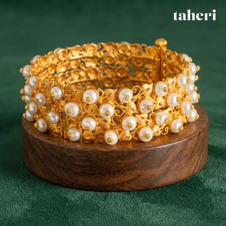 21k Yellow Gold Stone Bangle with Pearl design 32 by TAHERI