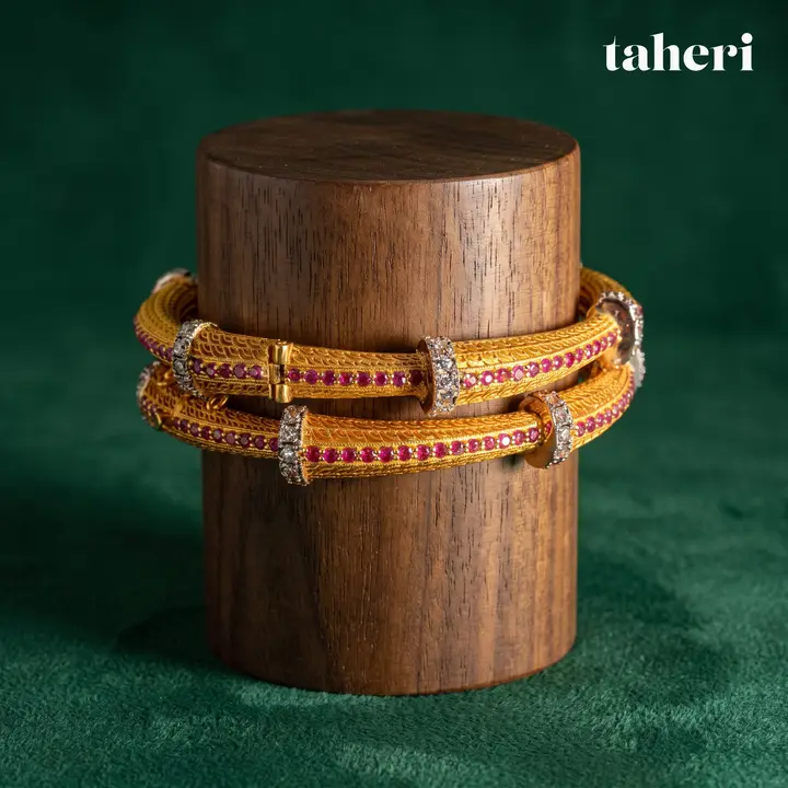 21k Two-Tone Gold Stone Bangle with Ruby design 34 by TAHERI